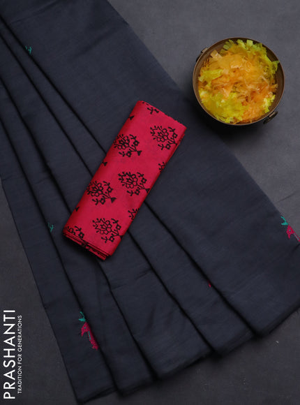 Semi silk cotton saree elephant grey and pink with embroided buttas in borderless style