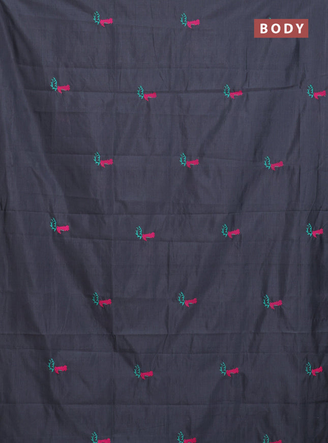 Semi silk cotton saree elephant grey and pink with embroided buttas in borderless style