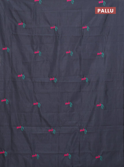 Semi silk cotton saree elephant grey and pink with embroided buttas in borderless style