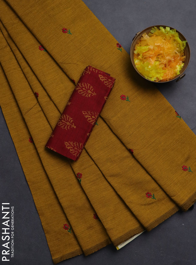 Semi silk cotton saree mustard yellow and maroon with embroided buttas in borderless style