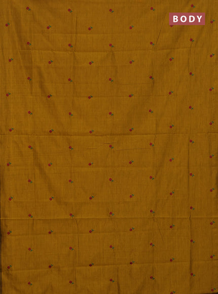 Semi silk cotton saree mustard yellow and maroon with embroided buttas in borderless style
