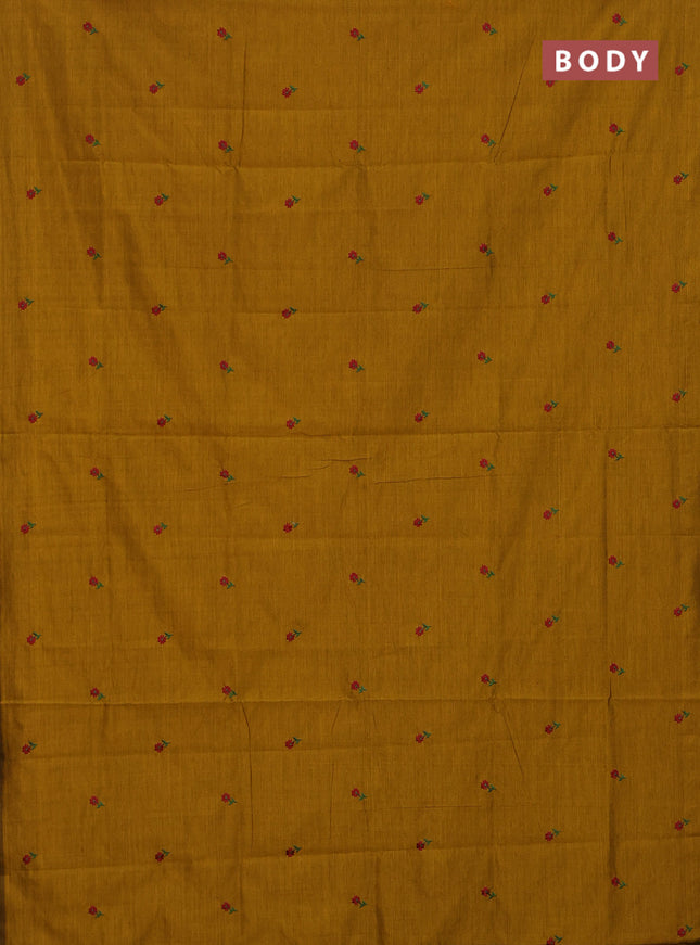 Semi silk cotton saree mustard yellow and maroon with embroided buttas in borderless style
