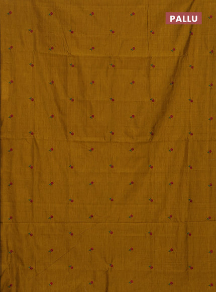 Semi silk cotton saree mustard yellow and maroon with embroided buttas in borderless style