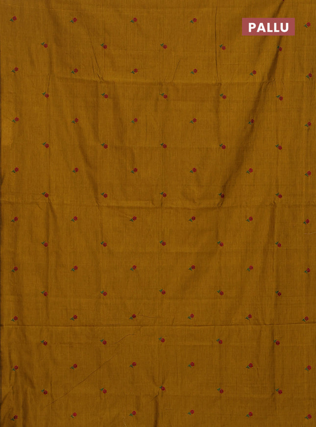 Semi silk cotton saree mustard yellow and maroon with embroided buttas in borderless style