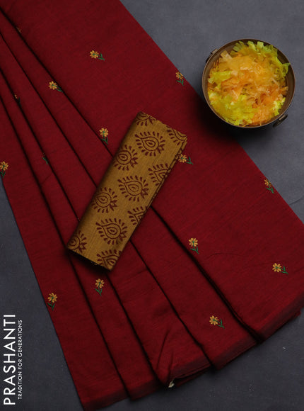 Semi silk cotton saree maroon and mustard yellow with embroided buttas in borderless style