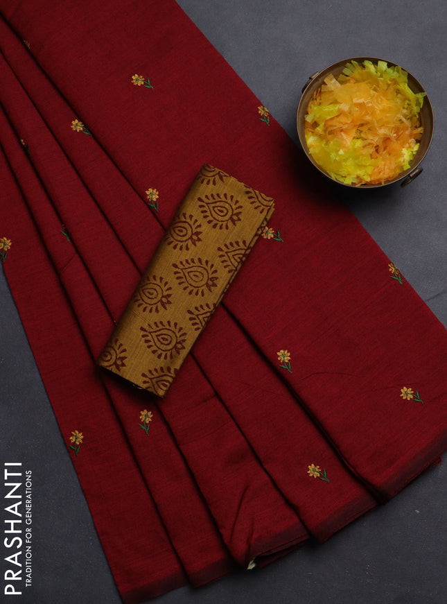 Semi silk cotton saree maroon and mustard yellow with embroided buttas in borderless style