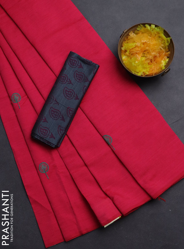 Semi silk cotton saree pink and grey with embroided buttas in borderless style