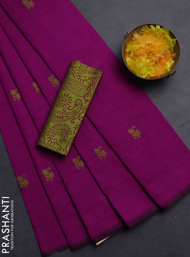Semi silk cotton saree magenta pink and mehendi green with embroided buttas in borderless style