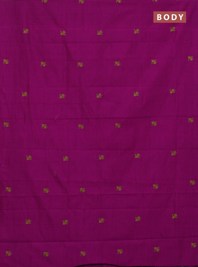 Semi silk cotton saree magenta pink and mehendi green with embroided buttas in borderless style
