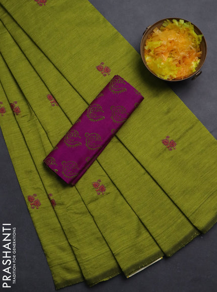 Semi silk cotton saree mehendi green and magenta pink with embroided buttas in borderless style