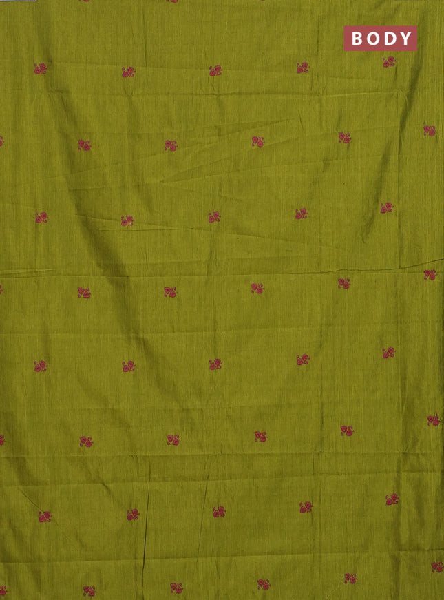 Semi silk cotton saree mehendi green and magenta pink with embroided buttas in borderless style