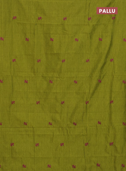 Semi silk cotton saree mehendi green and magenta pink with embroided buttas in borderless style
