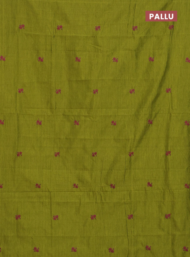 Semi silk cotton saree mehendi green and magenta pink with embroided buttas in borderless style