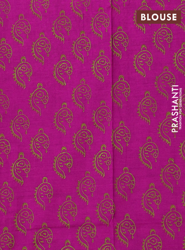 Semi silk cotton saree mehendi green and magenta pink with embroided buttas in borderless style