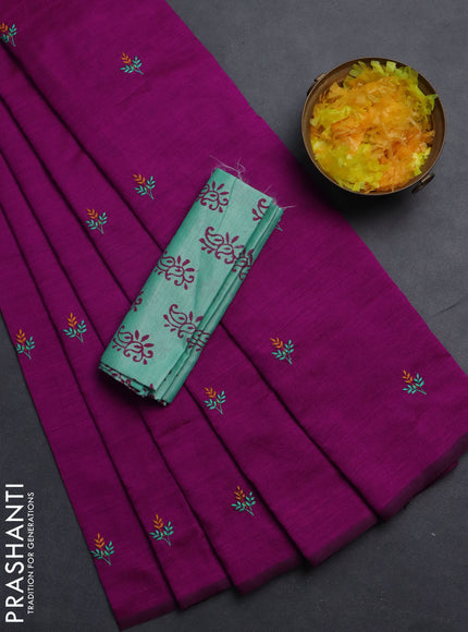 Semi silk cotton saree purple and teal green with embroided buttas in borderless style