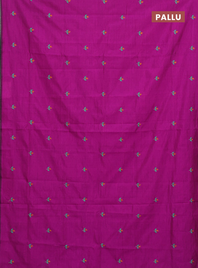 Semi silk cotton saree purple and teal green with embroided buttas in borderless style