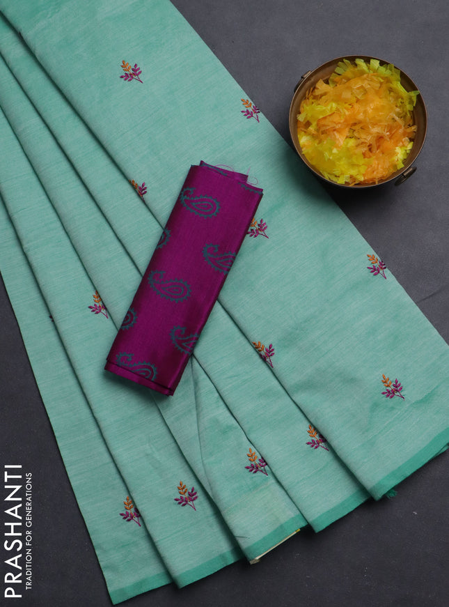 Semi silk cotton saree teal green shade and purple with embroided buttas in borderless style