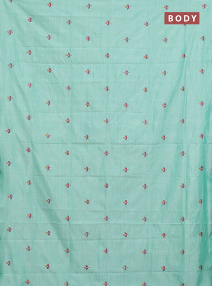 Semi silk cotton saree teal green shade and purple with embroided buttas in borderless style