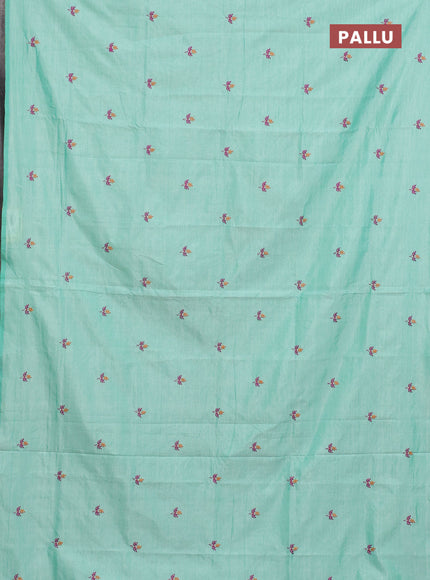 Semi silk cotton saree teal green shade and purple with embroided buttas in borderless style