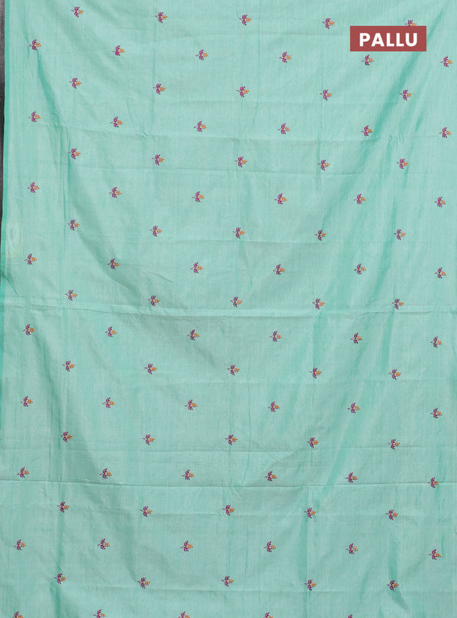 Semi silk cotton saree teal green shade and purple with embroided buttas in borderless style
