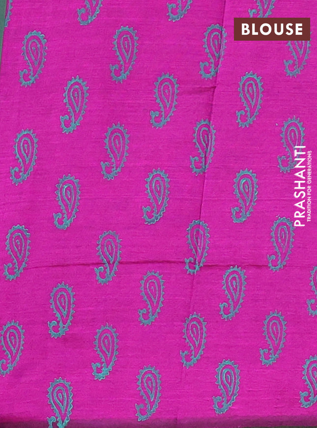 Semi silk cotton saree teal green shade and purple with embroided buttas in borderless style