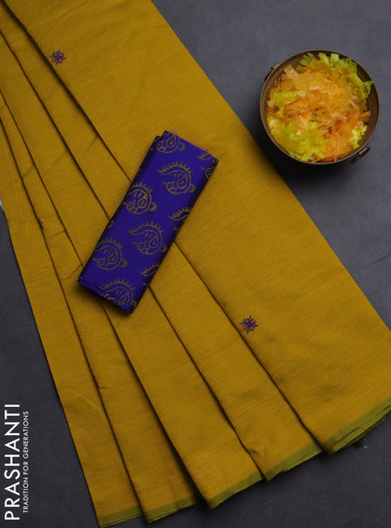 Semi silk cotton saree mustard yellow and blue with embroided buttas in borderless style