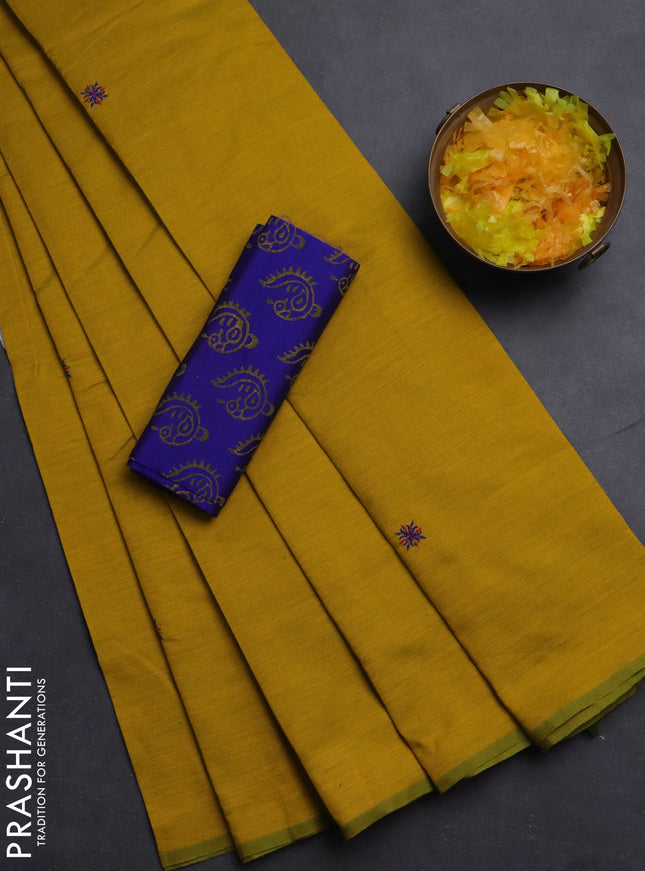Semi silk cotton saree mustard yellow and blue with embroided buttas in borderless style