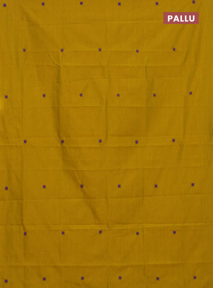 Semi silk cotton saree mustard yellow and blue with embroided buttas in borderless style
