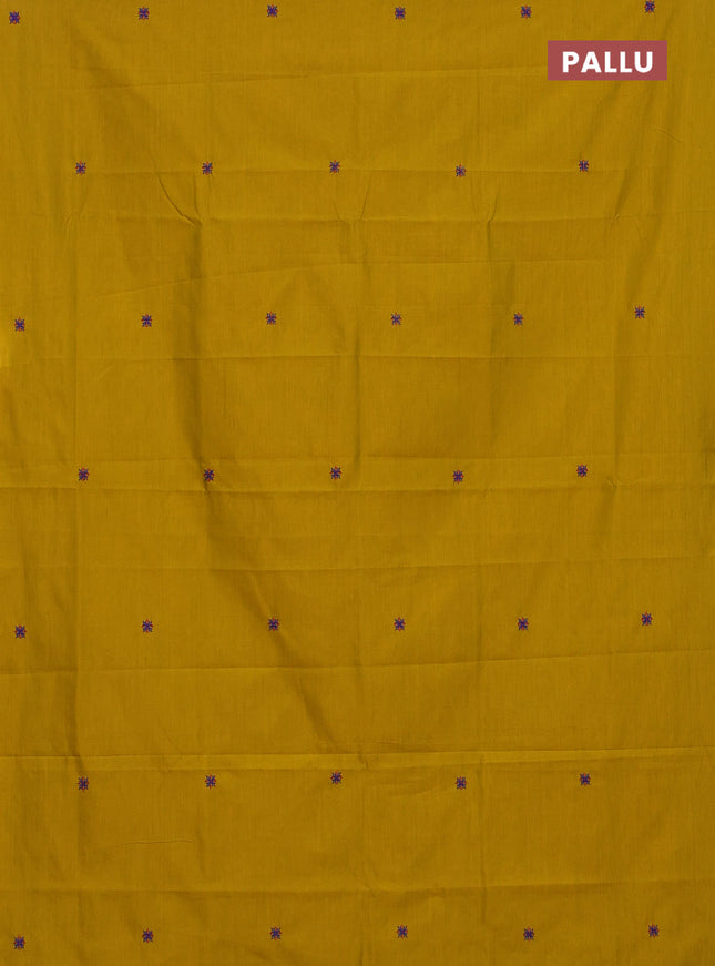 Semi silk cotton saree mustard yellow and blue with embroided buttas in borderless style
