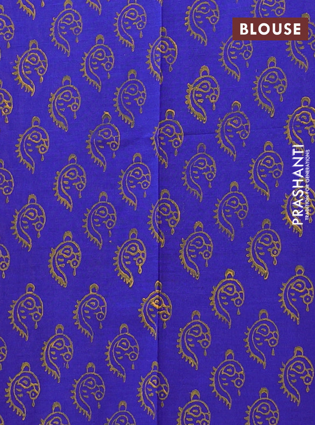 Semi silk cotton saree mustard yellow and blue with embroided buttas in borderless style