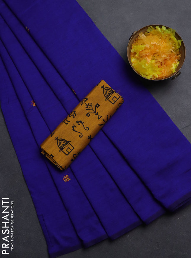 Semi silk cotton saree blue and mustard yellow with embroided buttas in borderless style
