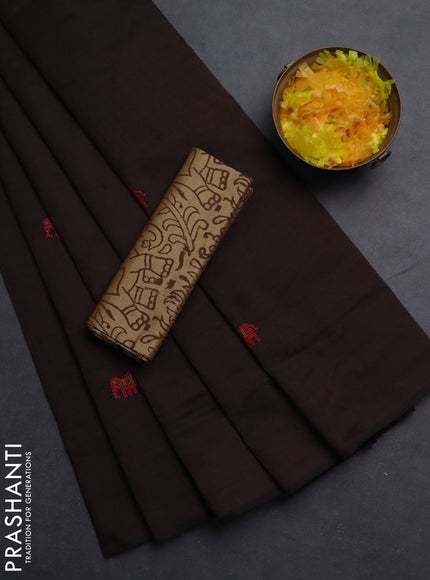 Semi silk cotton saree coffee brown and beige with embroided buttas in borderless style