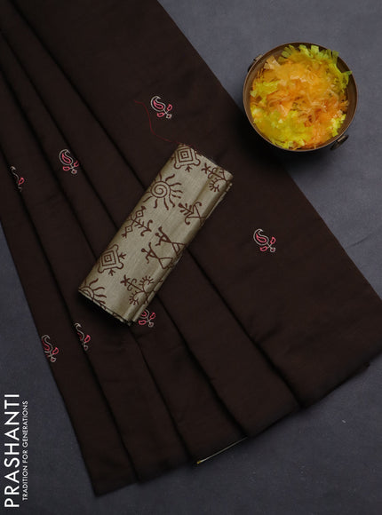 Semi silk cotton saree coffee brown and beige with embroided buttas in borderless style