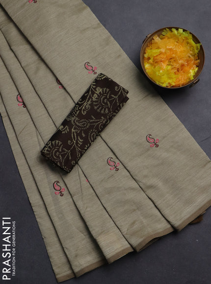 Semi silk cotton saree beige and brown with embroided buttas in borderless style