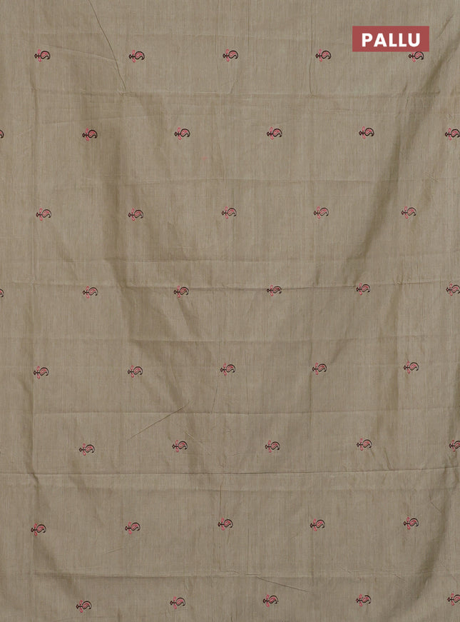 Semi silk cotton saree beige and brown with embroided buttas in borderless style