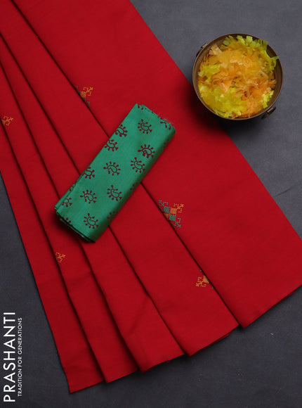 Semi silk cotton saree red and teal green with embroided buttas in borderless style