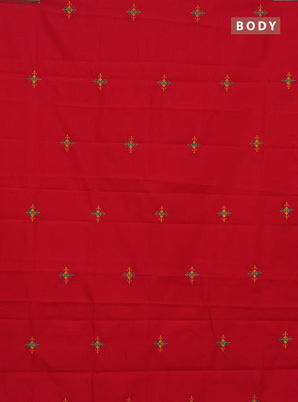 Semi silk cotton saree red and teal green with embroided buttas in borderless style