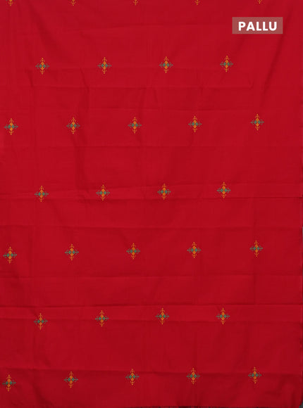 Semi silk cotton saree red and teal green with embroided buttas in borderless style