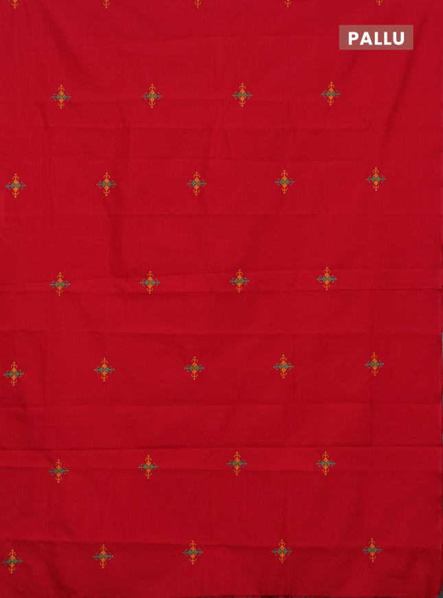 Semi silk cotton saree red and teal green with embroided buttas in borderless style