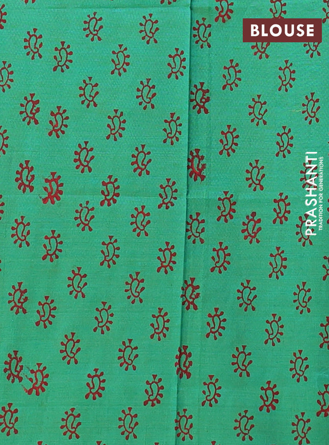 Semi silk cotton saree red and teal green with embroided buttas in borderless style