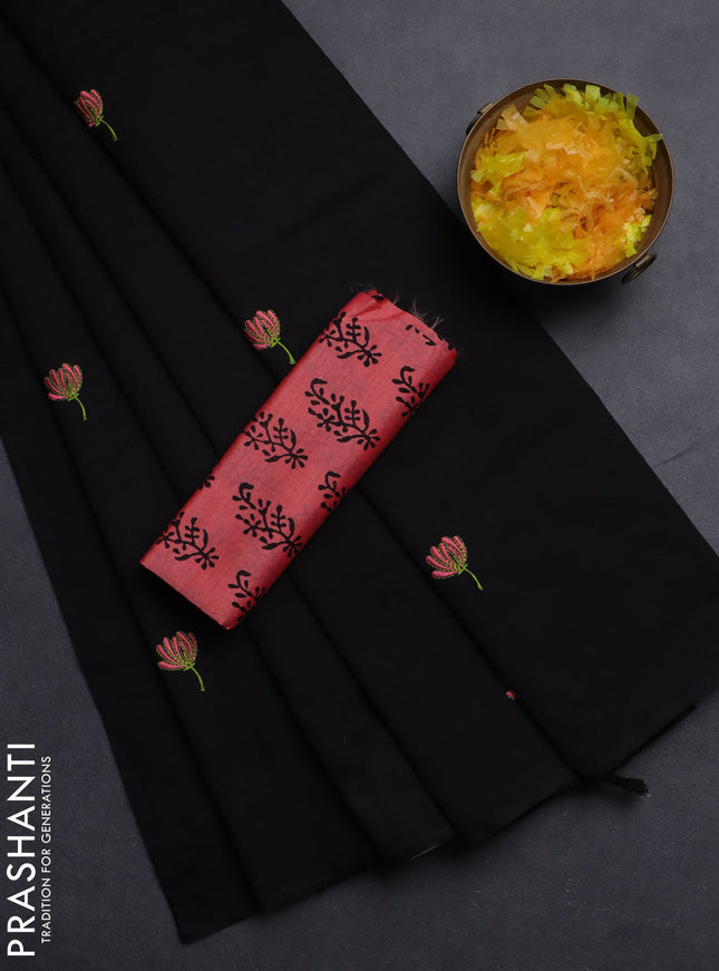 Semi silk cotton saree black and peach pink with embroided buttas in borderless style