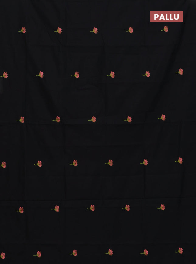 Semi silk cotton saree black and peach pink with embroided buttas in borderless style