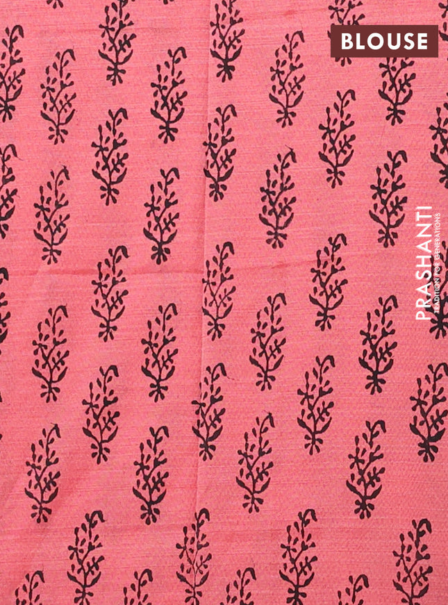 Semi silk cotton saree black and peach pink with embroided buttas in borderless style
