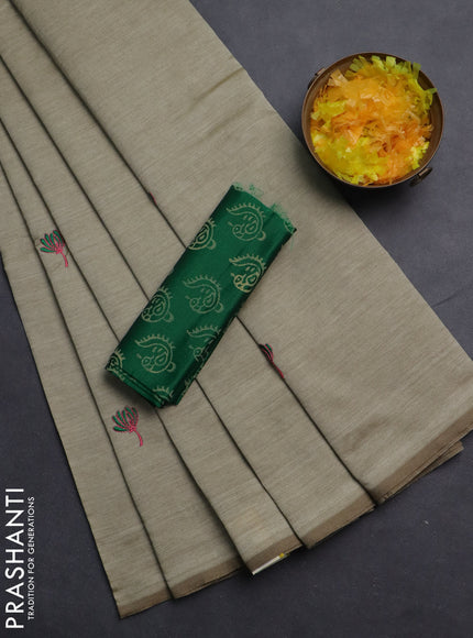 Semi silk cotton saree beige and green with embroided buttas in borderless style