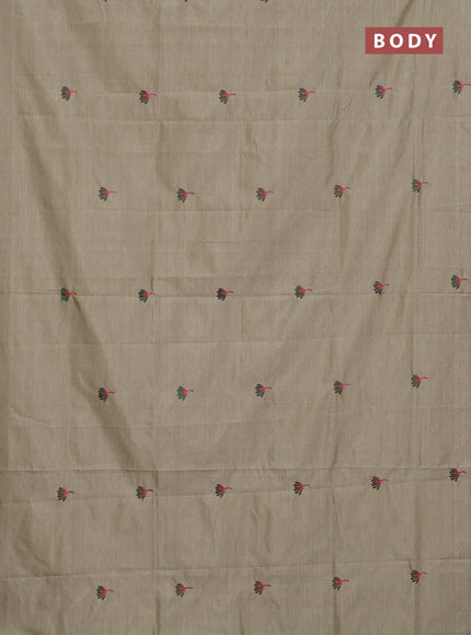 Semi silk cotton saree beige and green with embroided buttas in borderless style