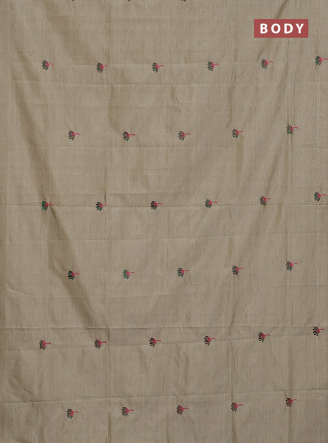 Semi silk cotton saree beige and green with embroided buttas in borderless style