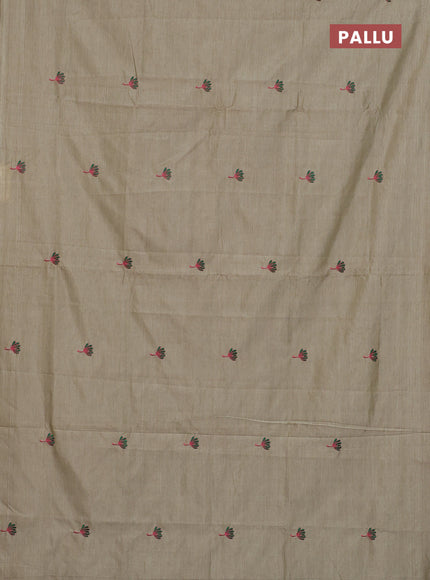 Semi silk cotton saree beige and green with embroided buttas in borderless style