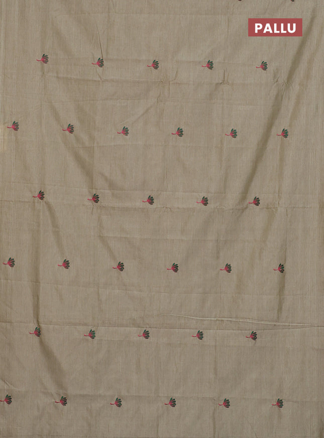 Semi silk cotton saree beige and green with embroided buttas in borderless style