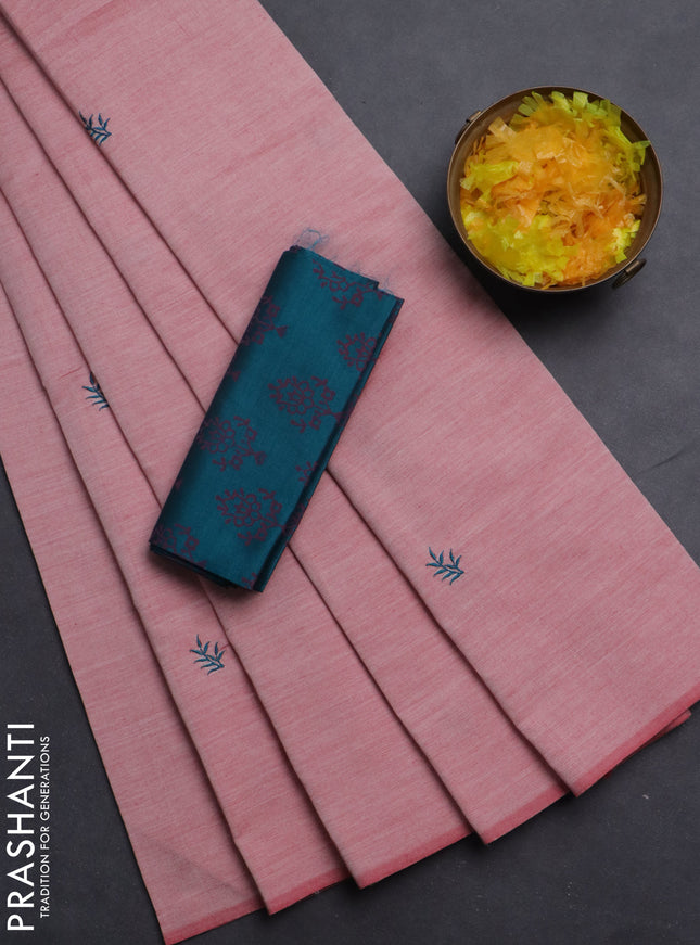 Semi silk cotton saree pastel pink and peacock green with embroided buttas in borderless style