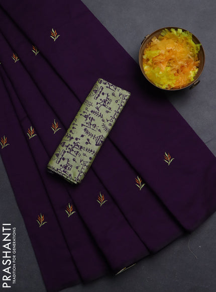Semi silk cotton saree deep purple and pista green with embroided buttas in borderless style